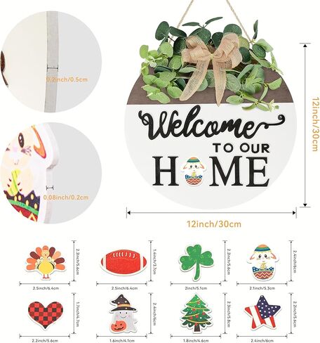 Pinkpum مزدوجة الجانبين قابلة للتبديل علامة ترحيب ديكور الباب الأمامي مع 20 أيقونة موسمية 2 في 1 أكاليل خشبية مستديرة هدايا منزل خارجي داخلي ديكورات منزلية جميع المواسم in Kuwait
