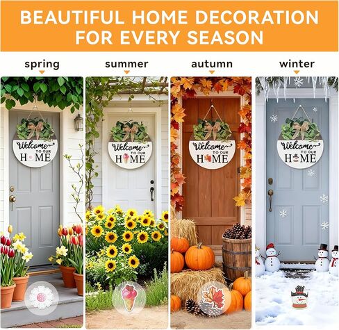 Pinkpum مزدوجة الجانبين قابلة للتبديل علامة ترحيب ديكور الباب الأمامي مع 20 أيقونة موسمية 2 في 1 أكاليل خشبية مستديرة هدايا منزل خارجي داخلي ديكورات منزلية جميع المواسم in Kuwait