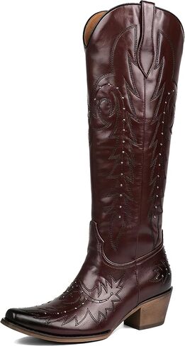 Meefit Brown Embroidered Cowboy Boots for Women Knee High Cowgirl Western Boots,Square Snip Toe Country Boot Tall Shoes(Brown-01,US8) in Saudi Arabia