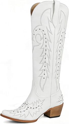 Meefit Brown Embroidered Cowboy Boots for Women Knee High Cowgirl Western Boots,Square Snip Toe Country Boot Tall Shoes(Brown-01,US8) in Saudi Arabia