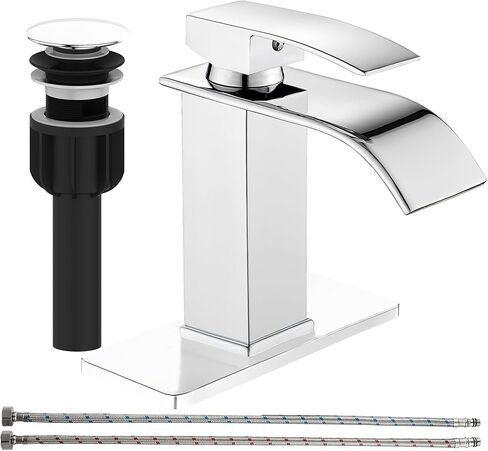 sagetta Waterfall Bathroom Sink Faucet Single Hole Black with Three Hole Cover Deck Plate, Pop up Drain and Water Hoses Stainless Steel Vanity in Saudi Arabia