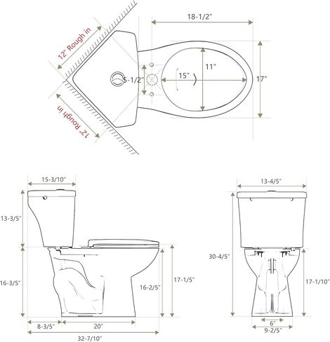 SUPERFLO 17.2 بوصة مرحاض زاوية ممدود، مراحيض مدمجة مكونة من قطعتين مع وعاء مرحاض بارتفاع مريح ومقعد إغلاق بطيء، مراحيض صغيرة للحمام الصغير - تدفق مزدوج 0.8/1.28 GPF in Kuwait