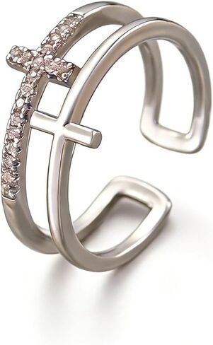 Sora Tuki Gold Cross Rings for Women Silver Adjustable Rings for Women Cubic Zirconia Heart Cross Purity Ring Dainty Stackable Ring for Women Christian Religious Jewelry in Saudi Arabia