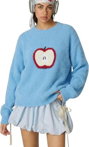 Aelfric Eden Apple Graphic Cropped Sweater Fuzzy Soft Mohair Oversized Solid Knit Casual Pullover 2025 Trendy Outfits in Saudi Arabia