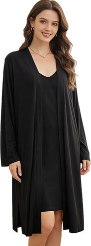 طقم ملابس نوم نسائي من ft FENTENG قطعتين من نسيج مضلع بدون أكمام مع رداء طويل الأكمام مع جيوب in Kuwait