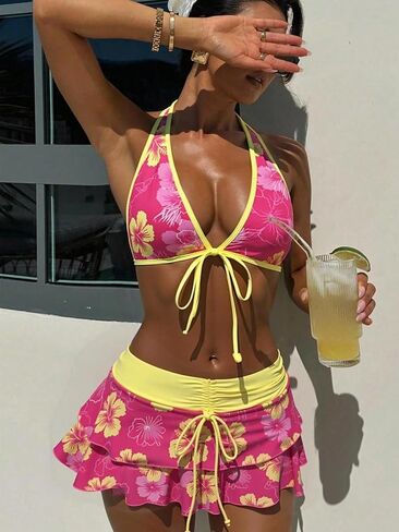 Women's 3 Piece Floral Halter Bikini Set with Ruffle Swim Skirt - Tropical Modest Bathing Suit in Saudi Arabia