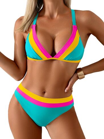 Eomenie Color Block Bikini Sets for Women V Neck Triangle Two Piece Swimsuit Criss Cross Tie Back Bathing Suit in Saudi Arabia