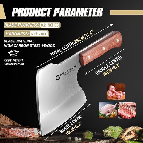 سكين تقطيع اللحوم من دريم ريتش، شديدة التحمل، مفرمة عظام من الفولاذ المقاوم للصدأ، فأس الجزار، سكين جزار مصنوع يدويًا، سكين تقطيع اللحوم للمطبخ والشواء في الهواء الطلق، هدايا عيد الميلاد للرجال والنساء in Kuwait