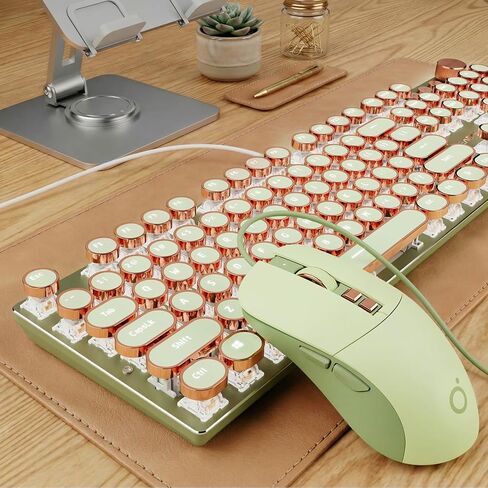 Eweadn Wired TypewriterKeyboard و Mouse Combo ، لوحة مفاتيح ألعاب ميكانيكية على غرار الآلة الكاتبة ، 104 مفاتيح مفاتيح LED Backlit ، مقبض التحكم في الوسائط ، مفتاح لوحة مفاتيح سلكية لنظام التشغيل Windows/Mac/PC in Kuwait