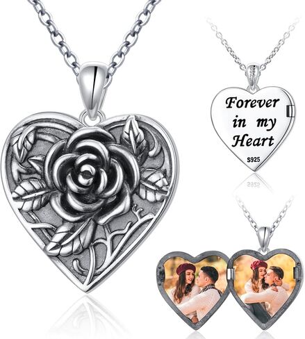 Ladytree 925 Sterling Silver Edelweiss Flower Heart Locket Necklace Hold 2 Photos Personalized Customized Picture Oxidized Flower Keepsake Pendant Necklace Memory Jewelry Birthday Gifts for Women in Saudi Arabia