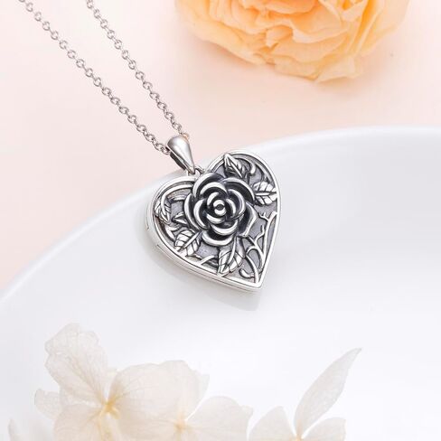 Ladytree 925 Sterling Silver Edelweiss Flower Heart Locket Necklace Hold 2 Photos Personalized Customized Picture Oxidized Flower Keepsake Pendant Necklace Memory Jewelry Birthday Gifts for Women in Saudi Arabia