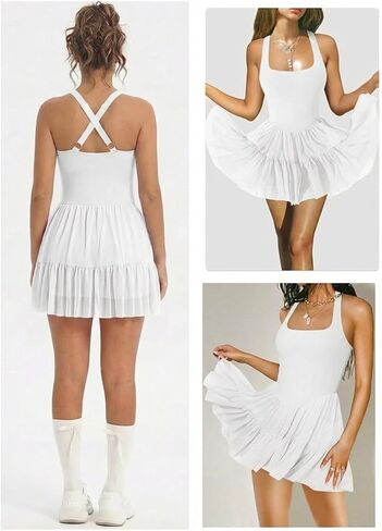 Jinsha Womens Tennis Dress Cute 2-in-1 Athletic Dresses Halter Neck Golf Workout Dress with Built-in Bra & Shorts Pockets in Saudi Arabia