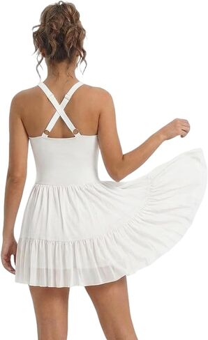 Jinsha Womens Tennis Dress Cute 2-in-1 Athletic Dresses Halter Neck Golf Workout Dress with Built-in Bra & Shorts Pockets in Saudi Arabia