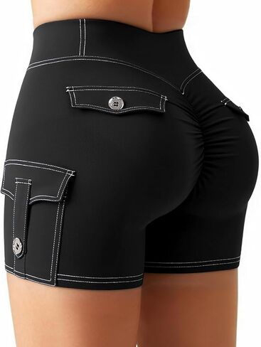 SEASUM Women's 4.5" Booty Lifting Scrunch Shorts One-Sided Cargo Pocket Yoga Denim-Look Bottoms in Saudi Arabia