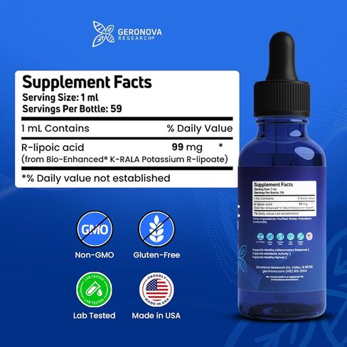 Geronova Research The R-Lipoic Solution, 2 fl oz – Potassium-Stabilized R-Lipoic Acid Liquid for Healthy Aging, Supports Nerve Health, and Cellular Balance – Fast-Absorbing 3-Ingredient RLA Drops in Saudi Arabia