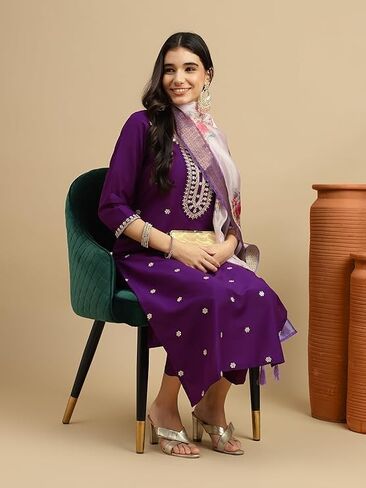 Women's Embroidered Chinon Kurta and Pant with Dupatta Ethnic Set Traditional Kurti for Women's in Saudi Arabia