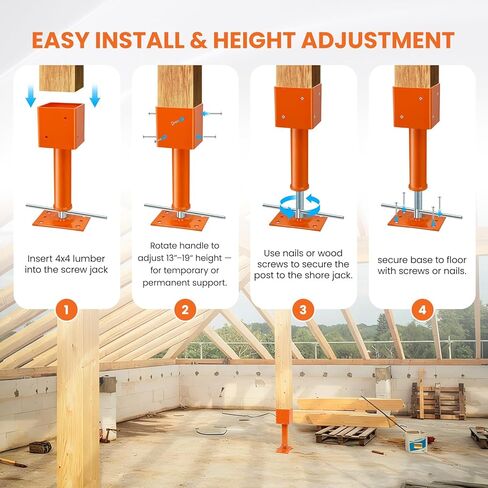 Screw Jack Post 1 Pack, 4"x4" Adjustable House Jacks for Leveling, 13"-19" Height Range, 24700 lbs Max Load Capacity, Heavy-Duty Steel Post for Crawlspace, Basement, and Foundation Repair in Saudi Arabia