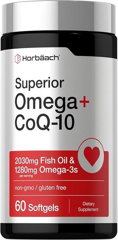 Horbaach Omega with CoQ-10 | 60 Softgels | 2030mg Fish Oil | 1280mg Omega-3s | Non-GMO, Gluten Free in Saudi Arabia