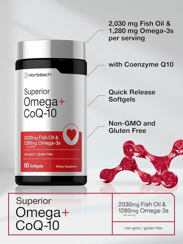 Horbaach Omega with CoQ-10 | 60 Softgels | 2030mg Fish Oil | 1280mg Omega-3s | Non-GMO, Gluten Free in Saudi Arabia