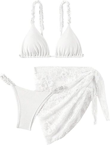 SHENHE Women's 3 Piece Swimsuits V Neck Triangle Thong Bikini Set with Lace Cover Up Wrap Skirt in Saudi Arabia