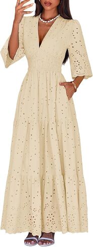 Lazysmile Long Sleeve Dresses for Women V Neck Hollow Out Eyelet Ruffle Swing A-Line Fall Vacation Boho Maxi Dress in Saudi Arabia