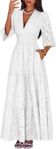 Lazysmile Long Sleeve Dresses for Women V Neck Hollow Out Eyelet Ruffle Swing A-Line Fall Vacation Boho Maxi Dress in Saudi Arabia