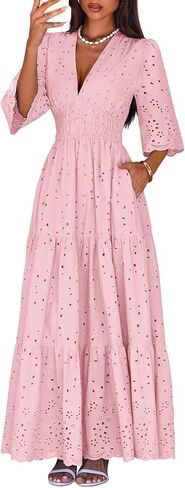 Lazysmile Long Sleeve Dresses for Women V Neck Hollow Out Eyelet Ruffle Swing A-Line Fall Vacation Boho Maxi Dress in Saudi Arabia