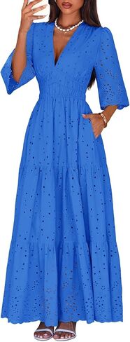 Lazysmile Long Sleeve Dresses for Women V Neck Hollow Out Eyelet Ruffle Swing A-Line Fall Vacation Boho Maxi Dress in Saudi Arabia