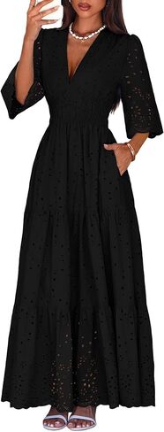Lazysmile Long Sleeve Dresses for Women V Neck Hollow Out Eyelet Ruffle Swing A-Line Fall Vacation Boho Maxi Dress in Saudi Arabia