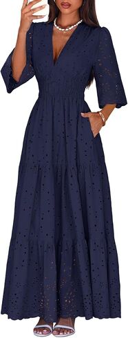Lazysmile Long Sleeve Dresses for Women V Neck Hollow Out Eyelet Ruffle Swing A-Line Fall Vacation Boho Maxi Dress in Saudi Arabia
