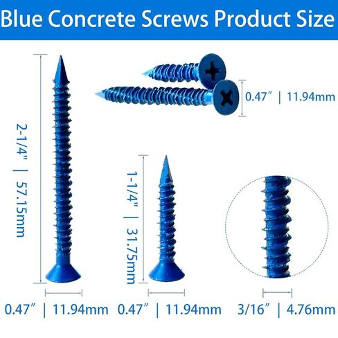 20-Pack Blue Concrete Screws Kit with Drill Bit & Driver, 3/16-in x 1-1/4-in & 2-1/4-in Flat Head Masonry Screws for Brick, Block, Concrete (20, Blue, 3/16" x1-1/4 and 3/16" x2-1/4) in Kuwait