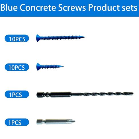 20-Pack Blue Concrete Screws Kit with Drill Bit & Driver, 3/16-in x 1-1/4-in & 2-1/4-in Flat Head Masonry Screws for Brick, Block, Concrete (20, Blue, 3/16" x1-1/4 and 3/16" x2-1/4) in Kuwait