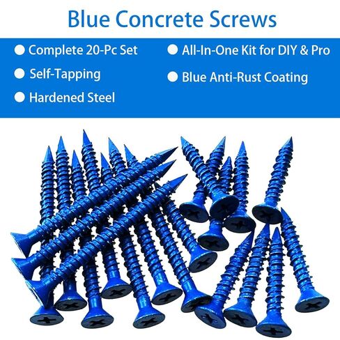 20-Pack Blue Concrete Screws Kit with Drill Bit & Driver, 3/16-in x 1-1/4-in & 2-1/4-in Flat Head Masonry Screws for Brick, Block, Concrete (20, Blue, 3/16" x1-1/4 and 3/16" x2-1/4) in Kuwait