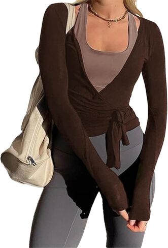 Womens Wrap Tie Top Y2k Long Sleeve Deep V Neck Cross Tie Ballet Workout Yoga Coquette Top in Saudi Arabia