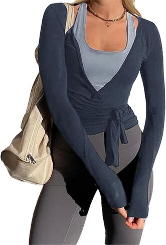 Womens Wrap Tie Top Y2k Long Sleeve Deep V Neck Cross Tie Ballet Workout Yoga Coquette Top in Saudi Arabia