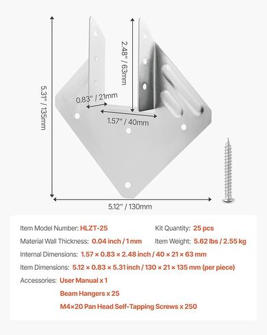 VEVOR Hurricane Ties for Rafter, Inner Size 5.31x1.57x2.48 in / 135x40x63 mm, Heavy Duty Hurricane Straps, Heavy Duty Rafter Ties Brackets Joist Hangers for Roof Beam Wooden Construction, 25 Pcs in Saudi Arabia