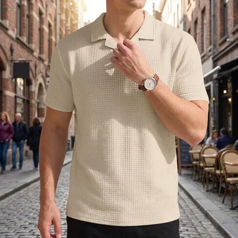 Mens Waffle Polo Shirts Short Sleeve Textured Polo Shirt Casual Golf Shirt Collared T-Shirt in Saudi Arabia