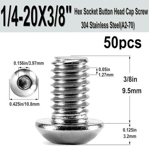 50 قطعة 1/4-20 × 3/8 بوصة براغي غطاء مقبس رأس الزر، 304 من الفولاذ المقاوم للصدأ 18-8، مسمار محرك سداسي سداسي ألين، برغي داخلي للآلة السداسية بالكامل لقارب السيارات المنزلي، لمسة نهائية لامعة in Kuwait