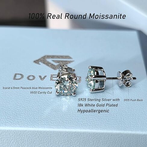 DovEggs 10K الذهب الأبيض بوست / 18K الذهب الأبيض مطلي الفضة الاسترليني بوست 2CTW 6.5MM الطاووس الأزرق مختبر نمت المويسانتي أقراط دفع مرة أخرى للنساء in Saudi Arabia
