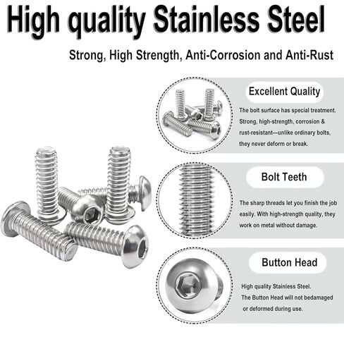 50 قطعة 1/4-20 × 3/8 بوصة براغي غطاء مقبس رأس الزر، 304 من الفولاذ المقاوم للصدأ 18-8، مسمار محرك سداسي سداسي ألين، برغي داخلي للآلة السداسية بالكامل لقارب السيارات المنزلي، لمسة نهائية لامعة in Kuwait
