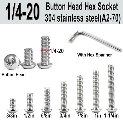 50 قطعة 1/4-20 × 3/8 بوصة براغي غطاء مقبس رأس الزر، 304 من الفولاذ المقاوم للصدأ 18-8، مسمار محرك سداسي سداسي ألين، برغي داخلي للآلة السداسية بالكامل لقارب السيارات المنزلي، لمسة نهائية لامعة in Kuwait