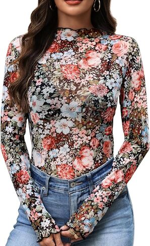 Womens Mesh Tops Lace Long Sleeve Shirts Mock Neck Slim Fitted Top See Through Tee Shirts Party Club Night Lace Blouse in Saudi Arabia