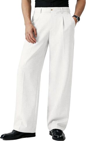 Susclude Mens Linen Casual Dress Pants Old Money Wide Leg Baggy Pleated Vintage Relaxed Fit Slacks Work Office Trousers in Saudi Arabia