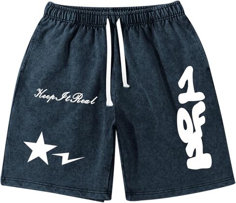 Graphic Shorts Men Streetwear Y2k Short Men's Stars Lettering Print Shorts Vintage Drawstring Acid Washed Short in Kuwait