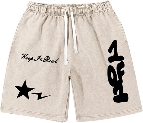 Graphic Shorts Men Streetwear Y2k Short Men's Stars Lettering Print Shorts Vintage Drawstring Acid Washed Short in Kuwait