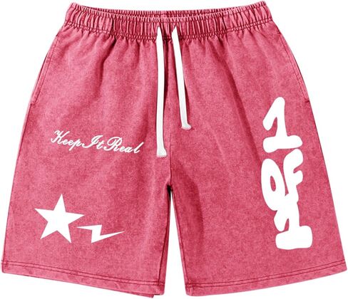 Graphic Shorts Men Streetwear Y2k Short Men's Stars Lettering Print Shorts Vintage Drawstring Acid Washed Short in Kuwait