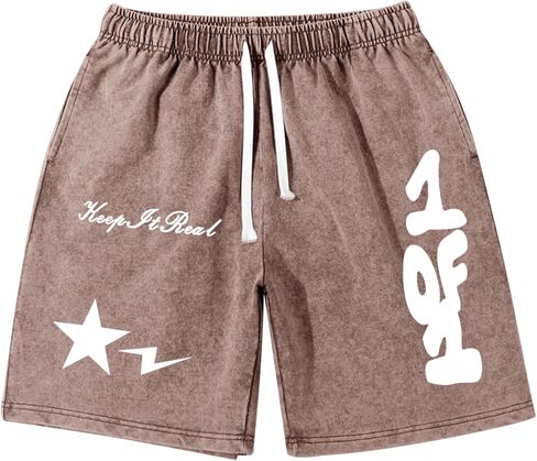 Graphic Shorts Men Streetwear Y2k Short Men's Stars Lettering Print Shorts Vintage Drawstring Acid Washed Short in Kuwait