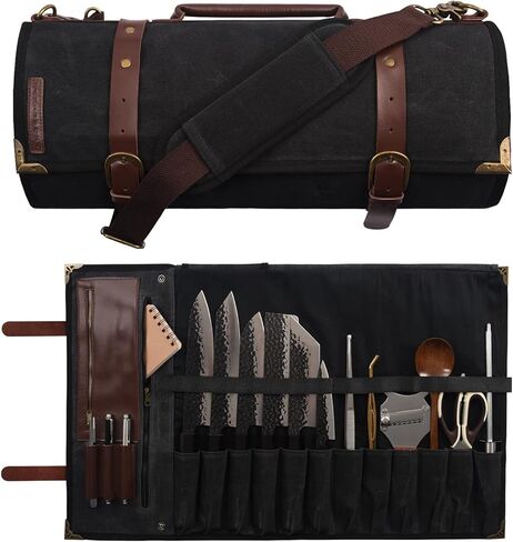 Manjushri Elegant and Light 12 Slots Professional Waxed Canvas & Genuine Leather Chef Knife Roll Bag Case with 4 Zipper Pouch Knife Organiser (Walnut Brown) in Kuwait