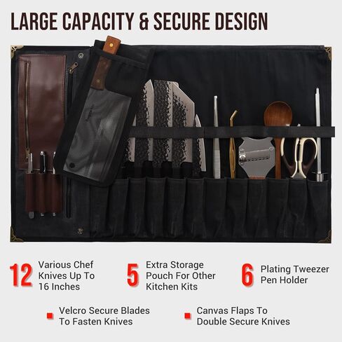 Manjushri Elegant and Light 12 Slots Professional Waxed Canvas & Genuine Leather Chef Knife Roll Bag Case with 4 Zipper Pouch Knife Organiser (Walnut Brown) in Kuwait