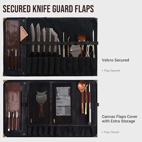 Manjushri Elegant and Light 12 Slots Professional Waxed Canvas & Genuine Leather Chef Knife Roll Bag Case with 4 Zipper Pouch Knife Organiser (Walnut Brown) in Kuwait
